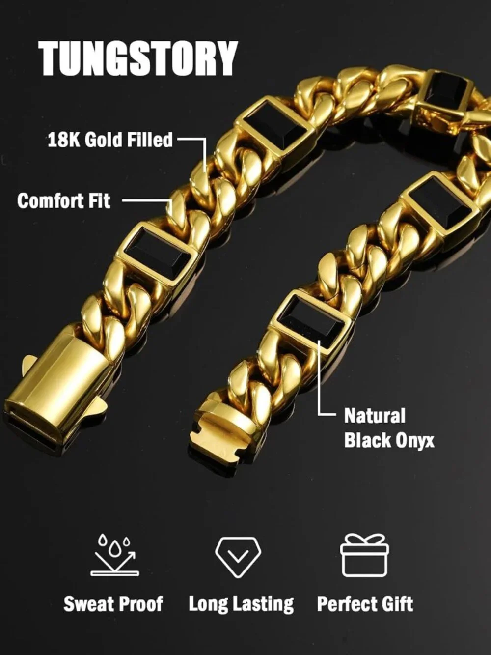 12mm Black Onyx Cuban Link Bracelet for Men - Stylish 8IN Statement Jewelry